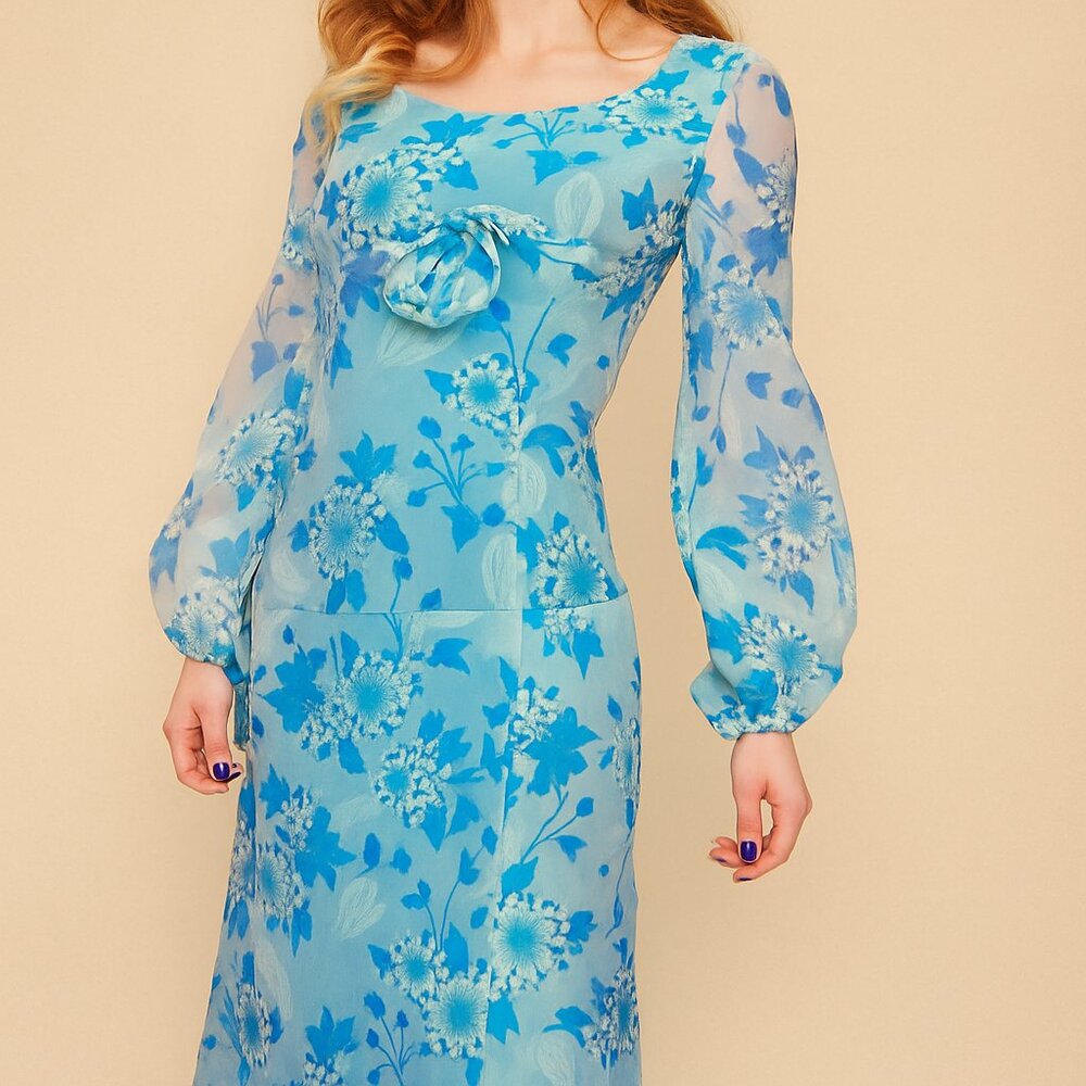 Vintage Rare Prom 70s Handmade Floral Maxi Dress Sky Baby Blue Babydoll Sheer Xs